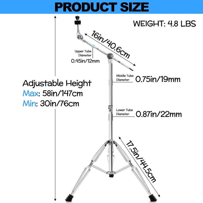Youeon Cymbal Boom Stand Adjustable Height 30"-58", Double Braced Tripod Cymbal Straight Stand with Non-slip Rubber Feet for Mounting Crash, Ride, Splash Cymbals - Image 2